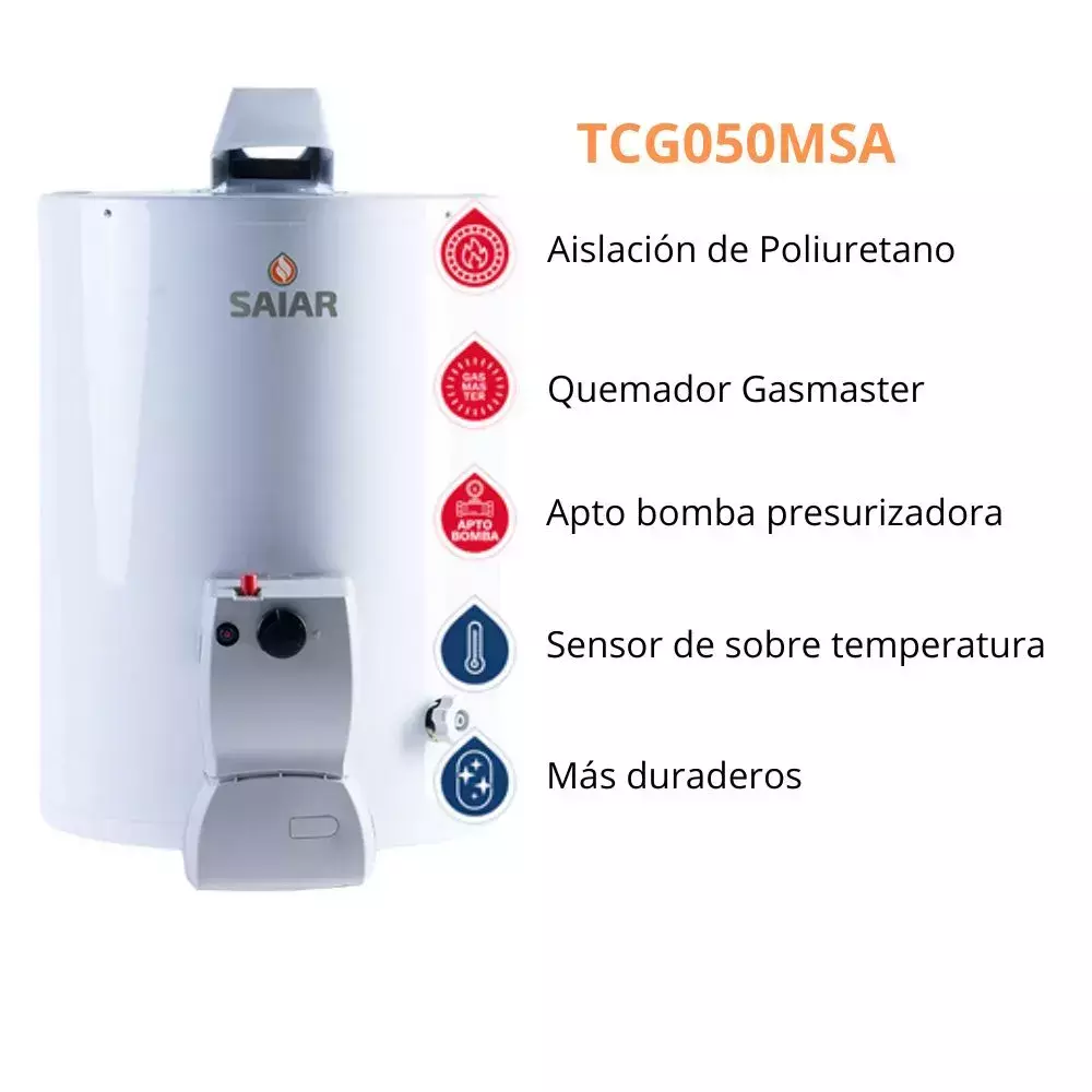 Termotanque 50 Litros de Colgar Carga Inferior Gas Natural SAIAR