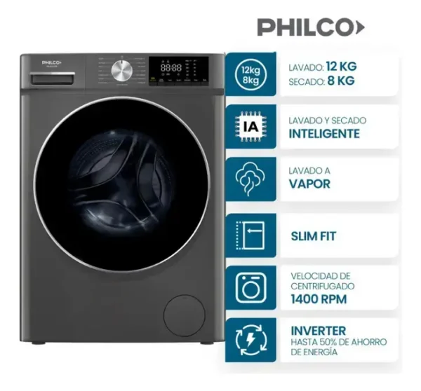Lava secarropas PHLS128-2TN 12 KG Titanio PHILCO