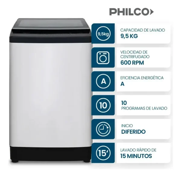 Lavarropas Automático PHCS1402B2 Carga Superior 9.5 kg 600R.PHILCO