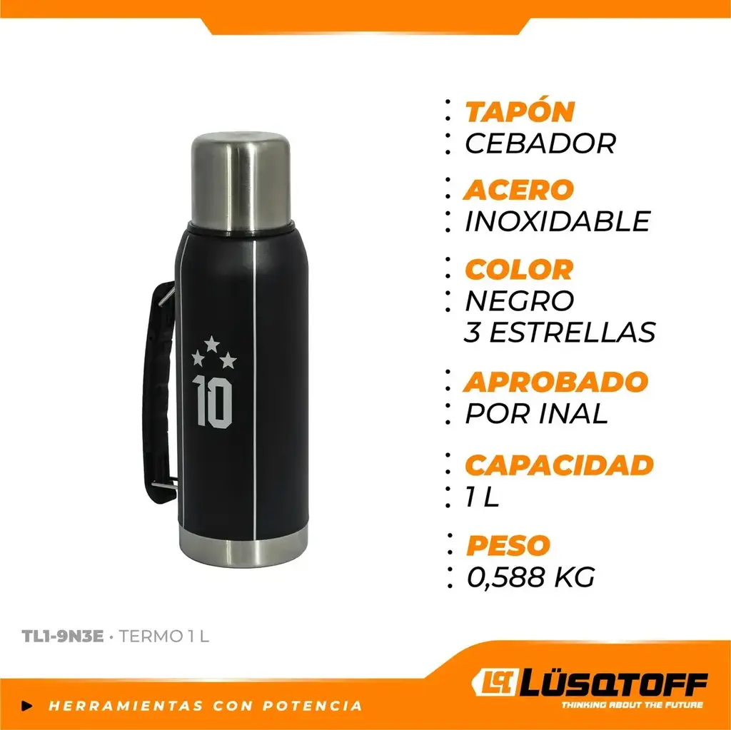 Termo de mate TL1-9N3E 3 ESTRELLAS 1 Litro Negro LUSTQOFF